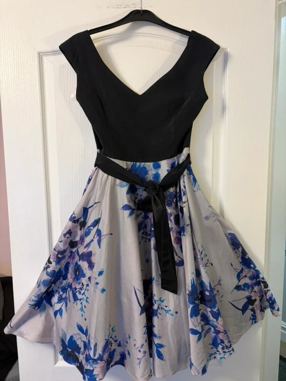 Black and Blue Floral Midi Dress with Black Waist Tie